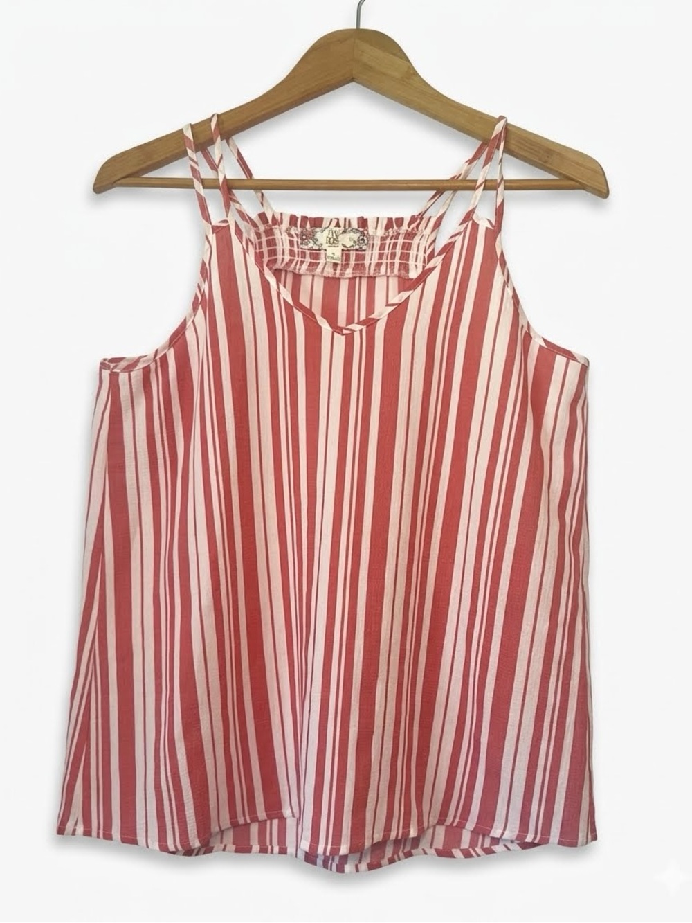 Pink Rose Striped V-Neck Cami Tank Top Sz M Pink/Coral White Boho Flowy Festival